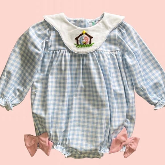 Anavini Couture Baby Girls Blue Gingham Bubble - Smocked Bodice